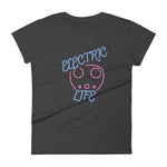 Tesla inspired apparel. EV car charger. Electric Life image centered on fitted t-shirt.