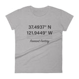 Tesla inspired apparel. Fremont Gigafactory GPS coordinates. Birthplace Fremont image centered on fitted t-shirt.