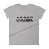 Tesla inspired apparel.  Elon Musk missing deadlines since day one. Deadlines image centered on fitted t-shirt.