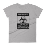 Tesla inspired apparel. Elon Musk quote. Cybertruck. Leader In Apocalypse Technology image centered on fitted t-shirt.