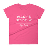 Tesla inspired apparel. Texas Gigafactory GPS coordinates. Birthplace Texas image centered on fitted t-shirt.