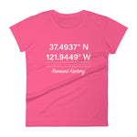 Tesla inspired apparel. Fremont Gigafactory GPS coordinates. Birthplace Fremont image centered on fitted t-shirt.