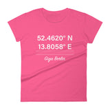 Tesla inspired apparel. Berlin Gigafactory GPS coordinates. Birthplace Berlin image centered on fitted t-shirt.