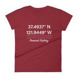 Tesla inspired apparel. Fremont Gigafactory GPS coordinates. Birthplace Fremont image centered on fitted t-shirt.