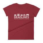 Tesla inspired apparel.  Elon Musk missing deadlines since day one. Deadlines image centered on fitted t-shirt.