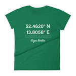 Tesla inspired apparel. Berlin Gigafactory GPS coordinates. Birthplace Berlin image centered on fitted t-shirt.