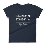 Tesla inspired apparel. Texas Gigafactory GPS coordinates. Birthplace Texas image centered on fitted t-shirt.