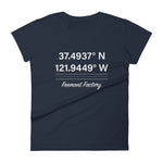 Tesla inspired apparel. Fremont Gigafactory GPS coordinates. Birthplace Fremont image centered on fitted t-shirt.