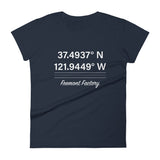 Tesla inspired apparel. Fremont Gigafactory GPS coordinates. Birthplace Fremont image centered on fitted t-shirt.