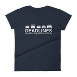 Tesla inspired apparel.  Elon Musk missing deadlines since day one. Deadlines image centered on fitted t-shirt.