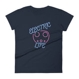 Tesla inspired apparel. EV car charger. Electric Life image centered on fitted t-shirt.