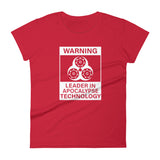 Tesla inspired apparel. Elon Musk quote. Cybertruck. Leader In Apocalypse Technology image centered on fitted t-shirt.