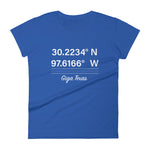 Tesla inspired apparel. Texas Gigafactory GPS coordinates. Birthplace Texas image centered on fitted t-shirt.