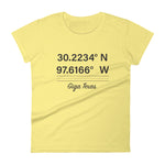 Tesla inspired apparel. Texas Gigafactory GPS coordinates. Birthplace Texas image centered on fitted t-shirt.