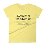 Tesla inspired apparel. Fremont Gigafactory GPS coordinates. Birthplace Fremont image centered on fitted t-shirt.