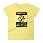 Tesla inspired apparel. Elon Musk quote. Cybertruck. Leader In Apocalypse Technology image centered on fitted t-shirt.