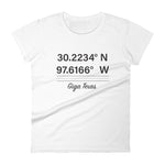 Tesla inspired apparel. Texas Gigafactory GPS coordinates. Birthplace Texas image centered on fitted t-shirt.