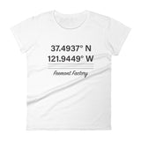 Tesla inspired apparel. Fremont Gigafactory GPS coordinates. Birthplace Fremont image centered on fitted t-shirt.