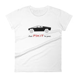 Tesla inspired apparel. Elon Musk quote. Cybertruck. Just Fix It In Post image centered on fitted t-shirt.