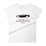 Tesla inspired apparel. Cybertruck. Apocalypse Near You image centered on fitted t-shirt.