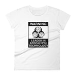 Tesla inspired apparel. Elon Musk quote. Cybertruck. Leader In Apocalypse Technology image centered on fitted t-shirt.