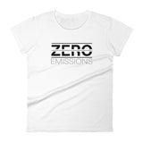 Tesla inspired apparel. EV no emissions. Electric Vehicle Car. Zero Emissions image centered on fitted t-shirt.