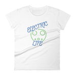 Tesla inspired apparel. EV car charger. Electric Life image centered on fitted t-shirt.