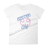 Tesla inspired apparel. EV car charger. Electric Life image centered on fitted t-shirt.