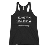 Tesla inspired apparel. Fremont Gigafactory GPS coordinates. Birthplace Fremont image centered on racerback tank.