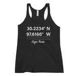 Tesla inspired apparel. Texas Gigafactory GPS coordinates. Birthplace Texas image centered on racerback tank.