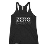 Tesla inspired apparel. EV no emissions. Electric Vehicle Car. Zero Emissions image centered on racerback tank.