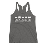 Tesla inspired apparel.  Elon Musk missing deadlines since day one. Deadlines image centered on racerback tank.