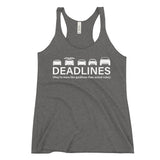 Tesla inspired apparel.  Elon Musk missing deadlines since day one. Deadlines image centered on racerback tank.