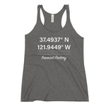 Tesla inspired apparel. Fremont Gigafactory GPS coordinates. Birthplace Fremont image centered on racerback tank.