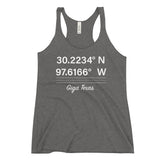 Tesla inspired apparel. Texas Gigafactory GPS coordinates. Birthplace Texas image centered on racerback tank.