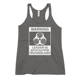 Tesla inspired apparel. Elon Musk quote. Cybertruck. Leader In Apocalypse Technology image centered on racerback tank.