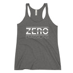 Tesla inspired apparel. EV no emissions. Electric Vehicle Car. Zero Emissions image centered on racerback tank.