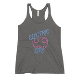 Tesla inspired apparel. EV car charger. Electric Life image centered on racerback tank.