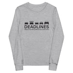 Tesla inspired apparel.  Elon Musk missing deadlines since day one. Deadlines image centered on youth long sleeve t-shirt.