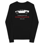 Tesla inspired apparel. Cybertruck. Apocalypse Near You image centered on youth long sleeve t-shirt.