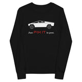 Tesla inspired apparel. Elon Musk quote. Cybertruck. Just Fix It In Post image centered on toddler t-shirt.