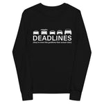 Tesla inspired apparel.  Elon Musk missing deadlines since day one. Deadlines image centered on youth long sleeve t-shirt.