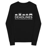 Tesla inspired apparel.  Elon Musk missing deadlines since day one. Deadlines image centered on youth long sleeve t-shirt.