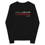 Tesla inspired apparel. Henry Ford and Elon Musk. Comments about horses. Building Faster Horses image centered on youth long sleeve t-shirt.