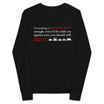 Tesla inspired apparel. Elon Musk quote. Against All Odds image centered on black long sleeve youth t-shirt.