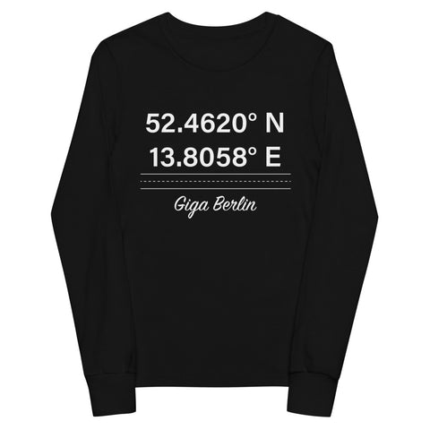 Tesla inspired apparel. Berlin Gigafactory GPS coordinates. Birthplace Berlin image centered on youth long sleeve t-shirt.