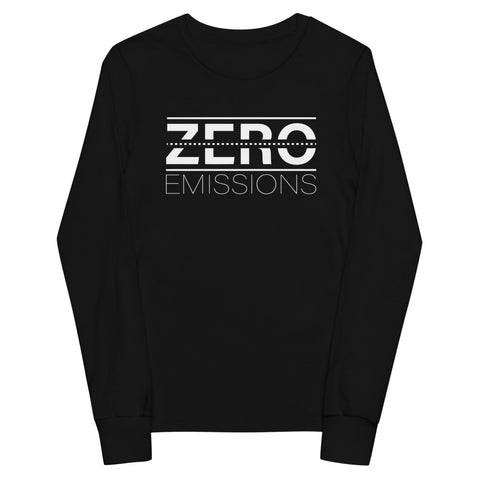 Tesla inspired apparel. EV no emissions. Electric Vehicle Car. Zero Emissions image centered on youth long sleeve t-shirt.