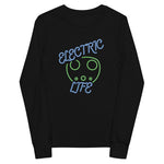 Tesla inspired apparel. EV car charger. Electric Life image centered on youth long sleeve t-shirt.