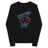 Tesla inspired apparel. EV car charger. Electric Life image centered on youth long sleeve t-shirt.