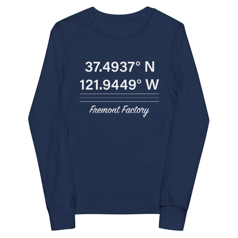 Tesla inspired apparel. Fremont Gigafactory GPS coordinates. Birthplace Fremont image centered on youth long sleeve t-shirt.